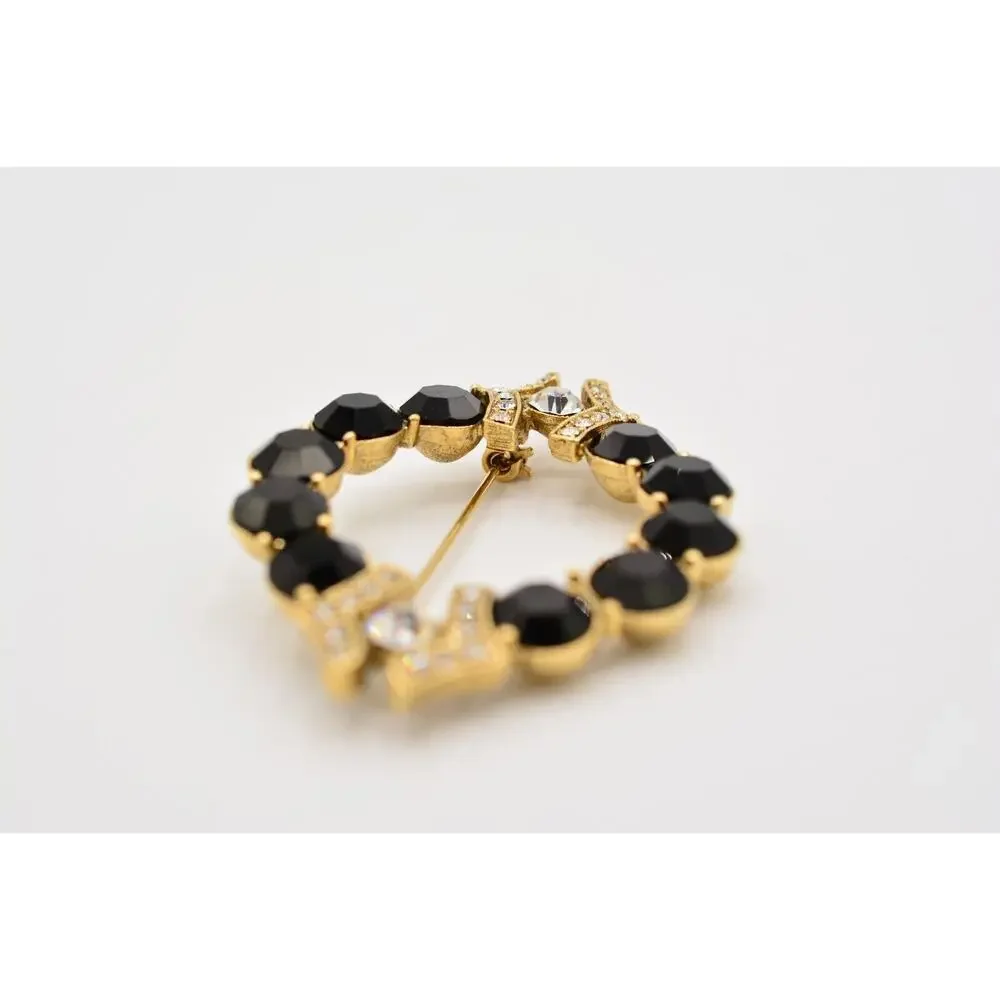 Vintage Black Crystal Pin Brooch Round Gold Rhinestone Chunky Sparkling BinAL